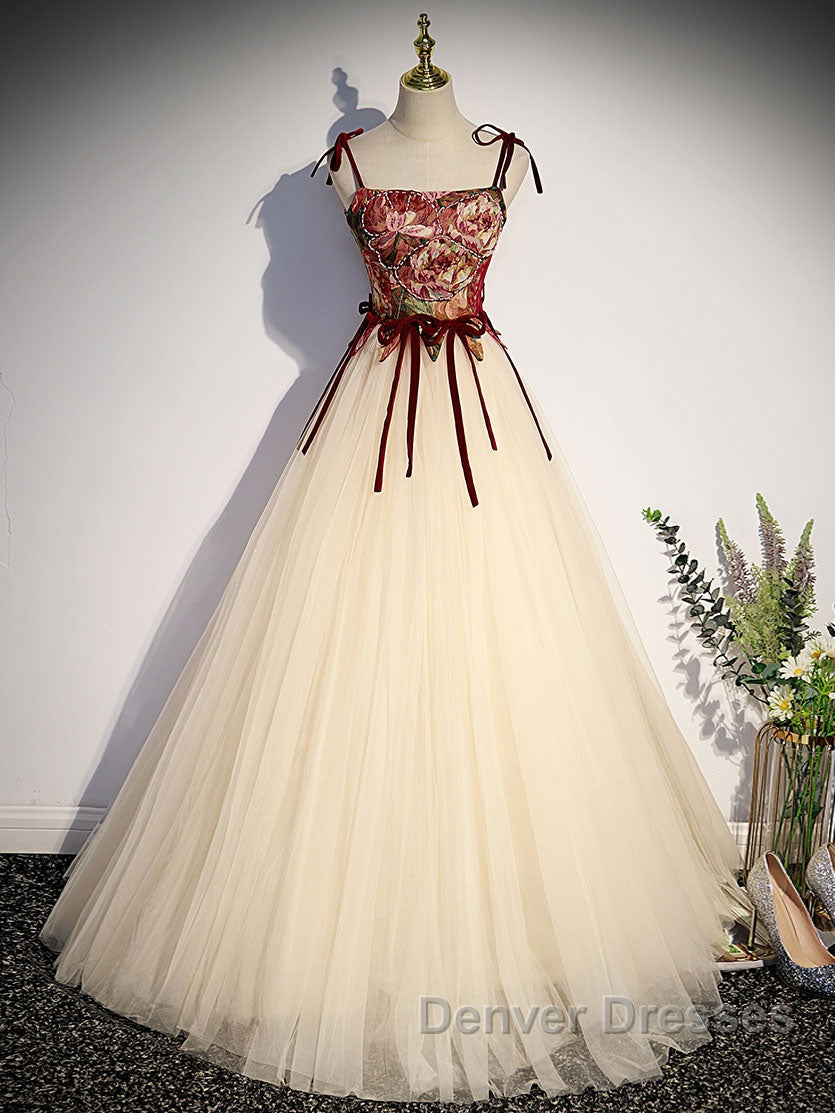 A line  champagne long prom Dress, champagne tulle formal evening Dress