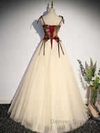 A line  champagne long prom Dress, champagne tulle formal evening Dress