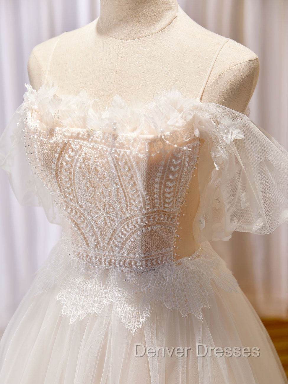 A Line Champagne Long Prom Dress, Lace Champagne Long Formal Dress