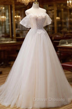 A Line Champagne Long Prom Dress, Lace Champagne Long Formal Dress