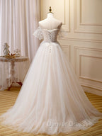 A Line Champagne Long Prom Dress, Lace Champagne Long Formal Dress