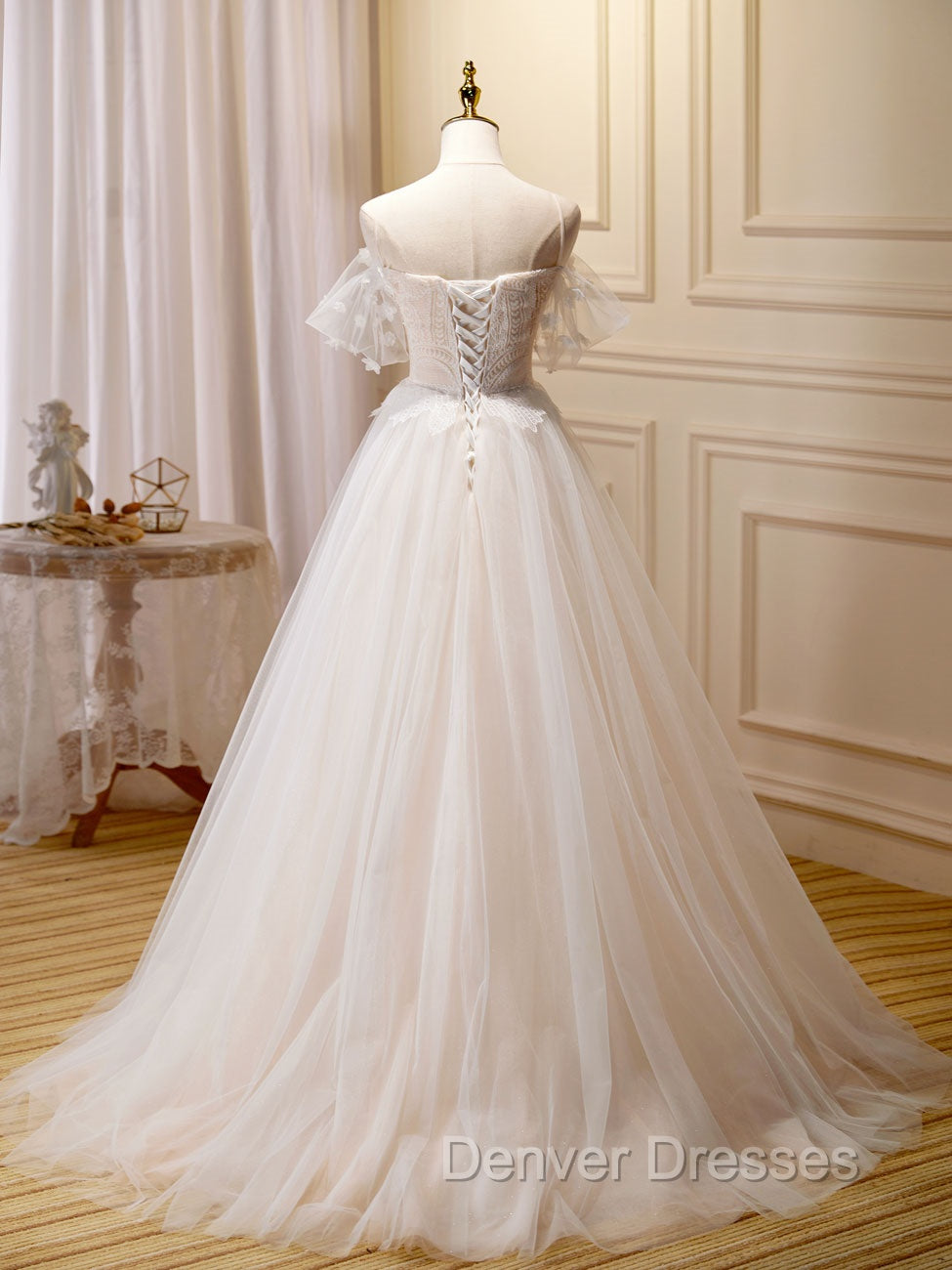 A Line Champagne Long Prom Dress, Lace Champagne Long Formal Dress