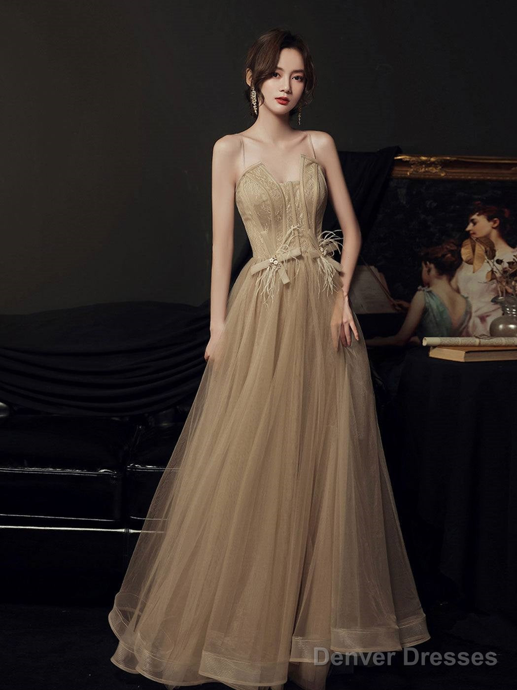 A Line Champagne Long Prom Dress Lace Long Formal Dress Secondary image