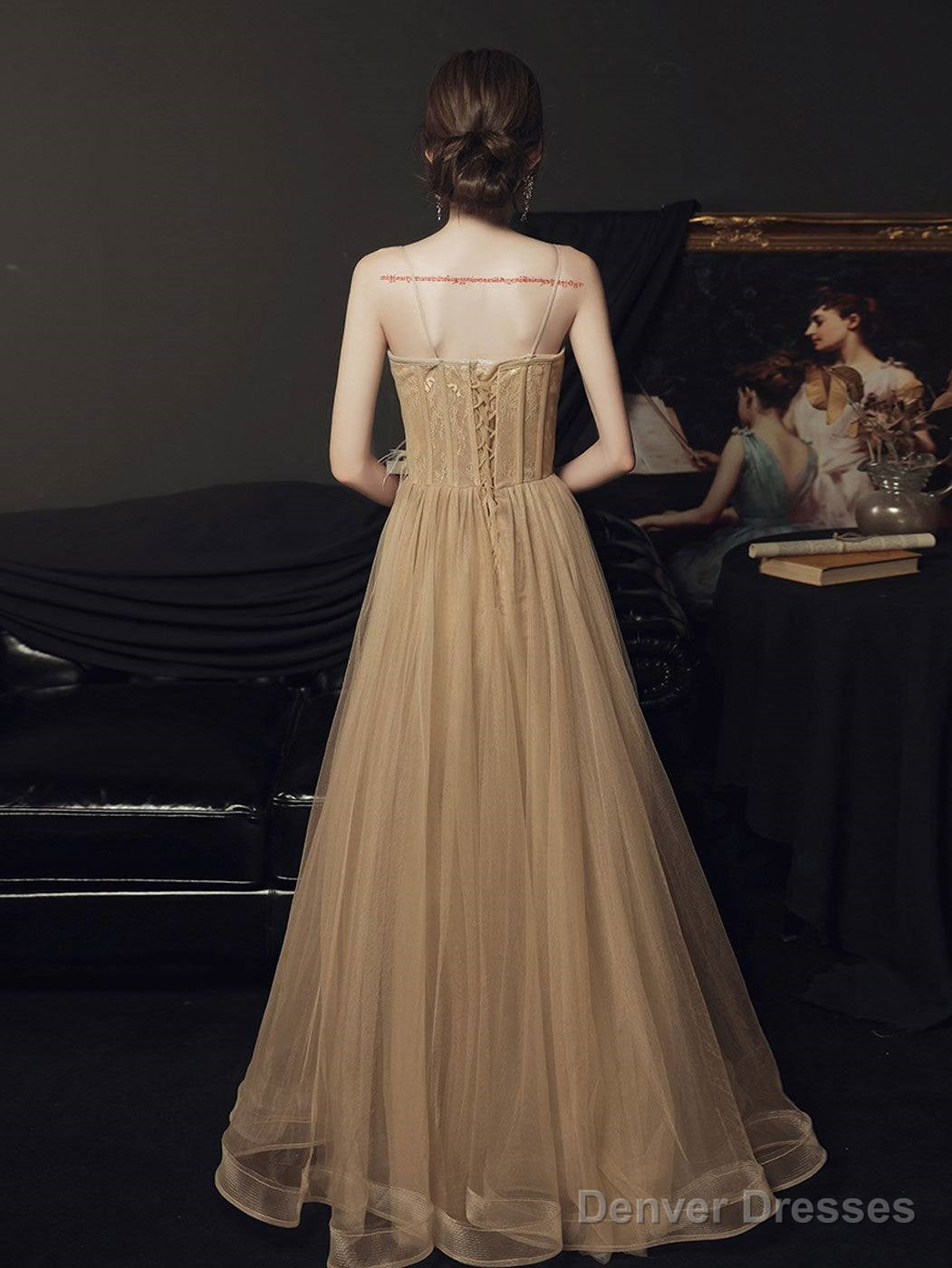 A Line Champagne Long Prom Dress Lace Long Formal Dress