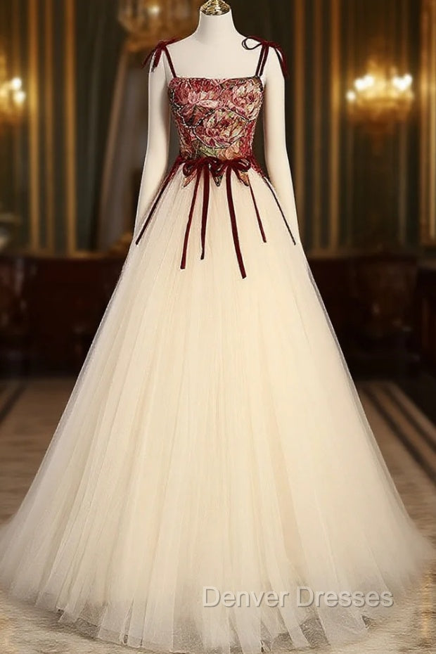 A line Champagne Long Prom Dress, Champagne Formal Gown With Beading Velvet