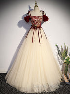 A line Champagne Long Prom Dress, Champagne Formal Gown With Beading Velvet