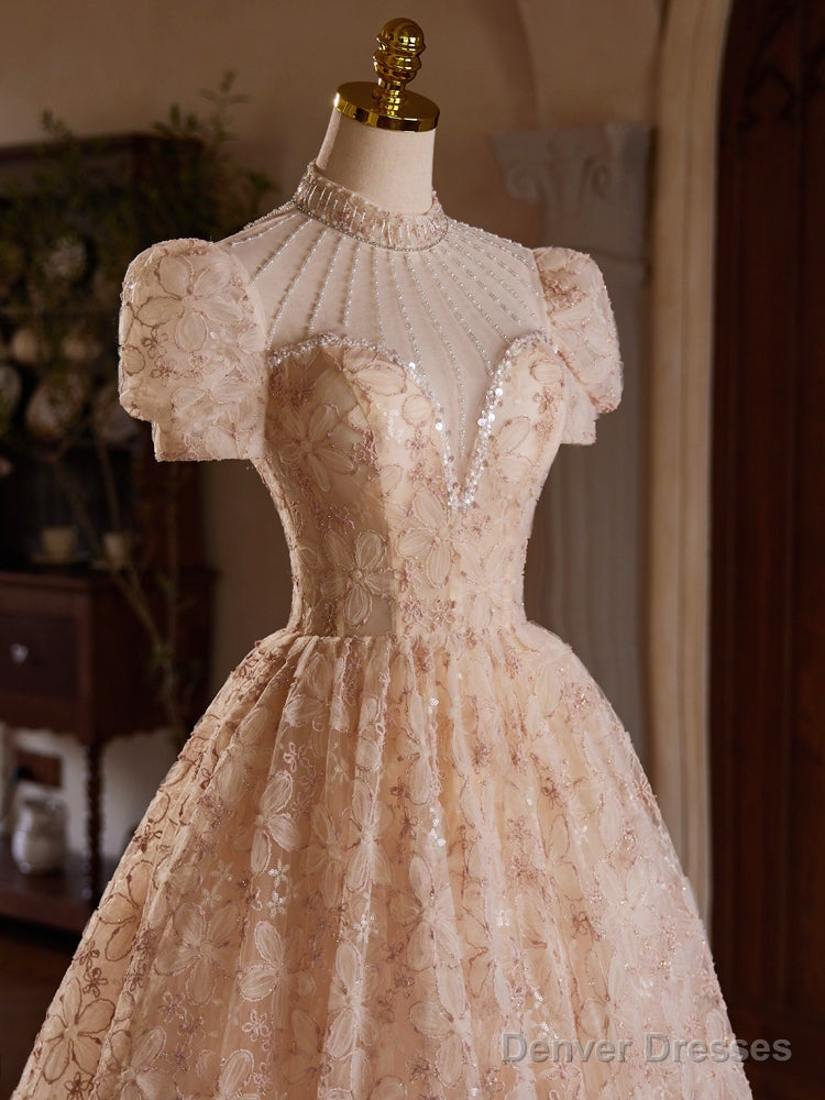 A-Line Champagne Pink Tulle Lace Tea Length Prom Dress With Beads Secondary image
