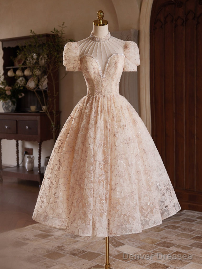 A-Line Champagne Pink Tulle Lace Tea Length Prom Dress With Beads Main image
