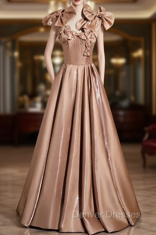 A-line Champagne Satin Bow Prom Dress
