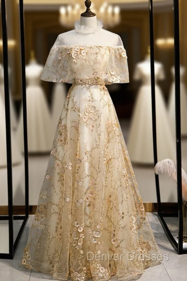 A-Line Champagne Tulle Appliques Prom Dress Main image