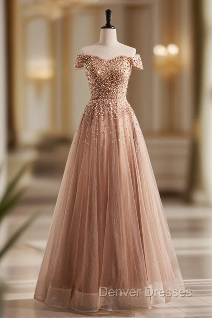 A-Line Champagne Tulle Beading Sequins Prom Dress
