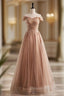 A-Line Champagne Tulle Beading Sequins Prom Dress