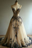 A Line Champagne Tulle Black Lace Long Prom Dress Charming Evening Dress