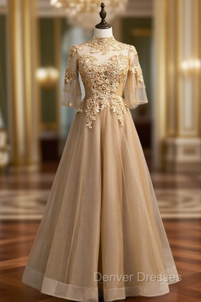 A-Line Champagne Tulle High Neck Backless Prom Dress With Beading Main image