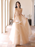 A-Line Champagne Tulle Lace Long Prom Dress, Champagne Long Formal Dress