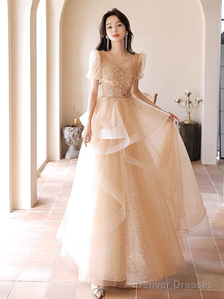 A-Line Champagne Tulle Lace Long Prom Dress, Champagne Long Formal Dress