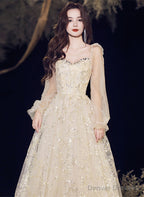 A-Line Champagne Tulle Long Evening Dress Party Dress, Champagne Prom Dress