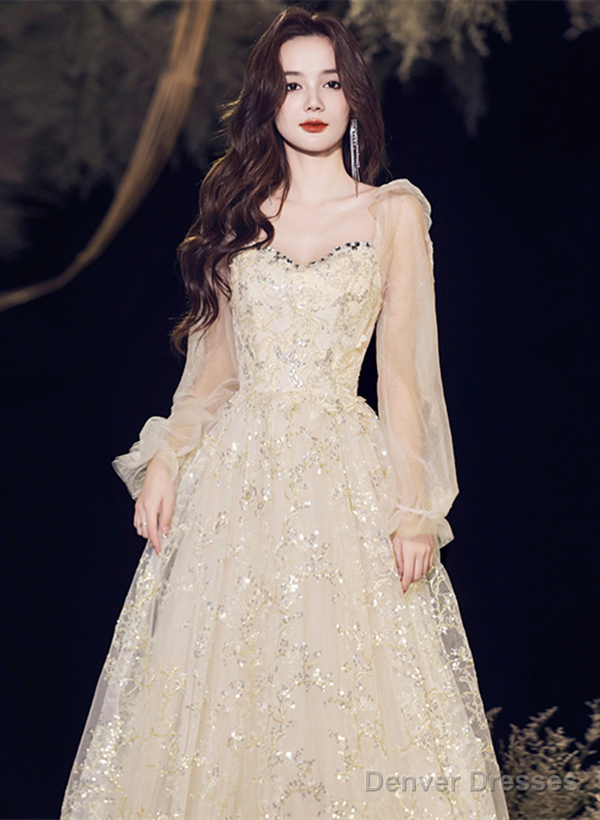 A-Line Champagne Tulle Long Evening Dress Party Dress, Champagne Prom Dress