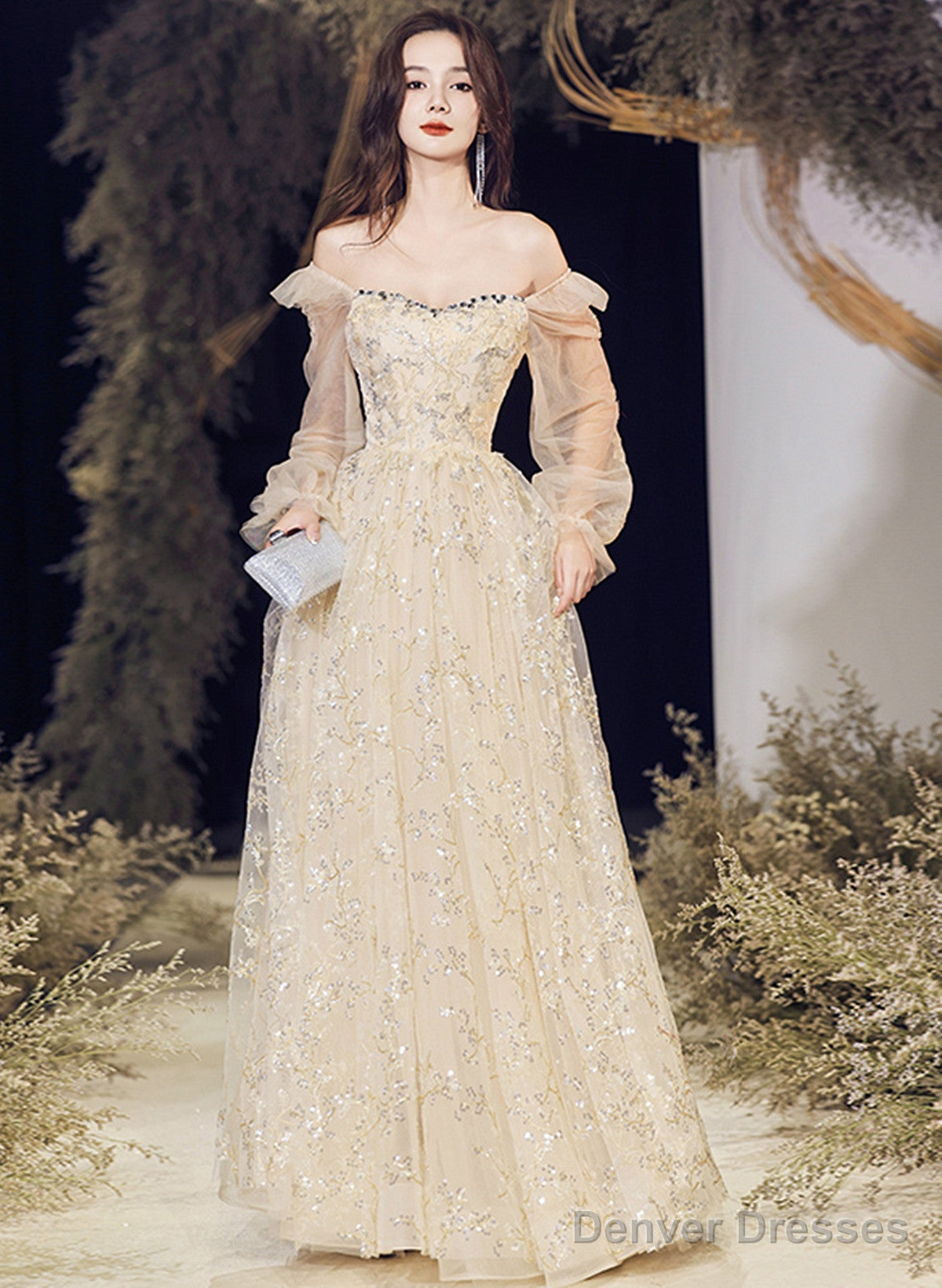 A-Line Champagne Tulle Long Evening Dress Party Dress, Champagne Prom Dress Main image