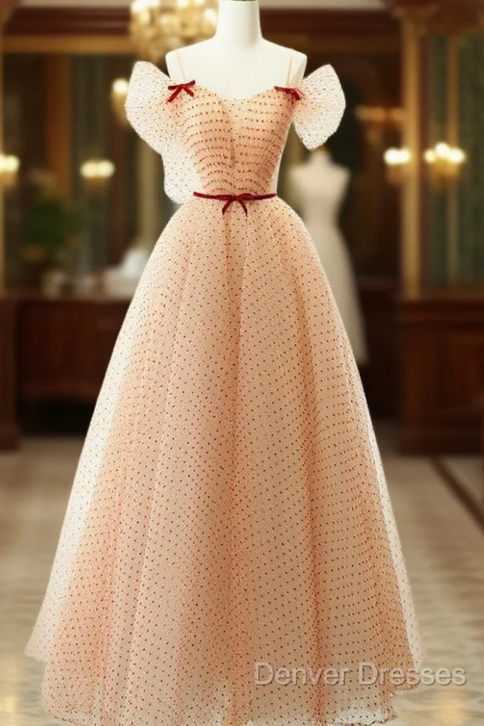 A-Line Champagne Tulle Long Prom Dress, Champagne Long Formal Dress Main image