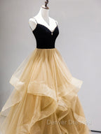 A-Line Champagne Tulle Long Prom Dress, Velvet Graduation Dress with Beading