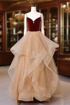 A-Line Champagne Tulle Long Prom Dress, Velvet Graduation Dress with Beading