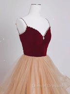 A-Line Champagne Tulle Long Prom Dress, Velvet Graduation Dress with Beading