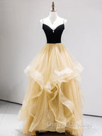 A-Line Champagne Tulle Long Prom Dress, Velvet Graduation Dress with Beading