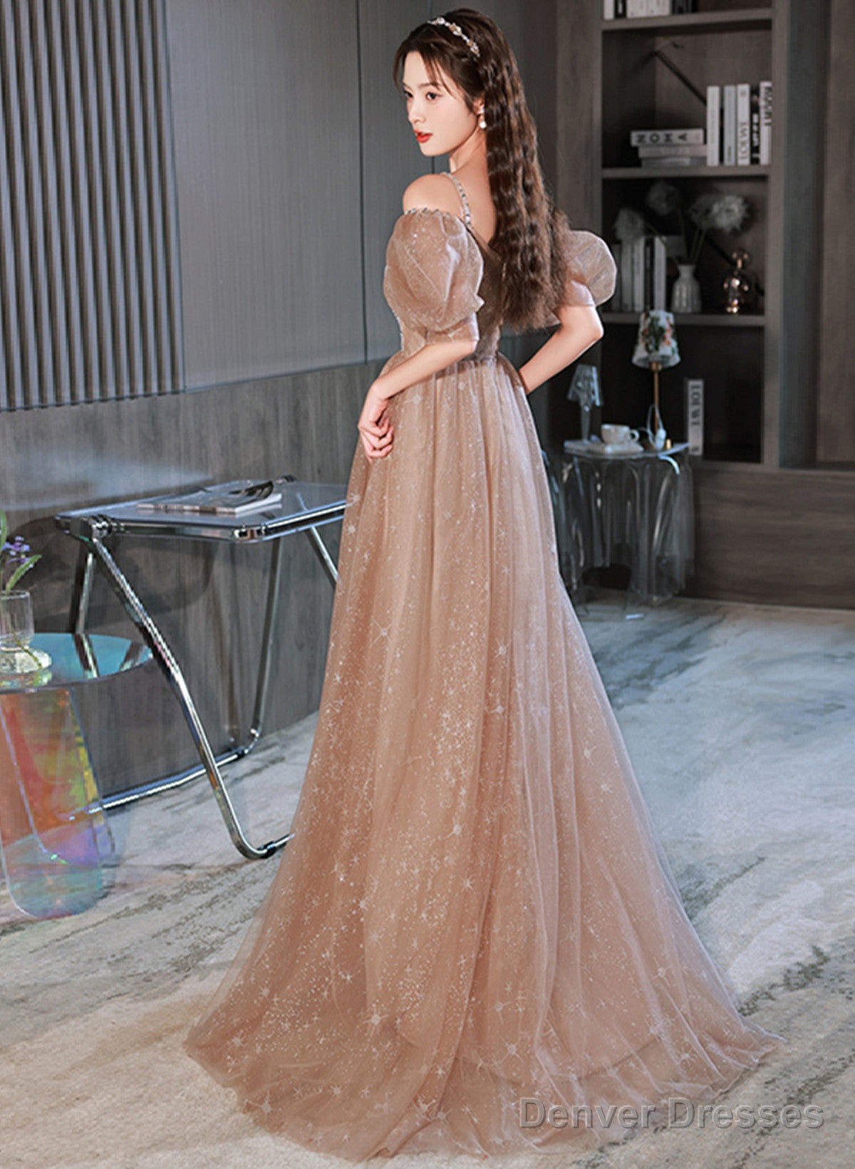 A-Line Champagne Tulle Off Shoulder Long Party Dress, Champagne Formal Dress Prom Dress