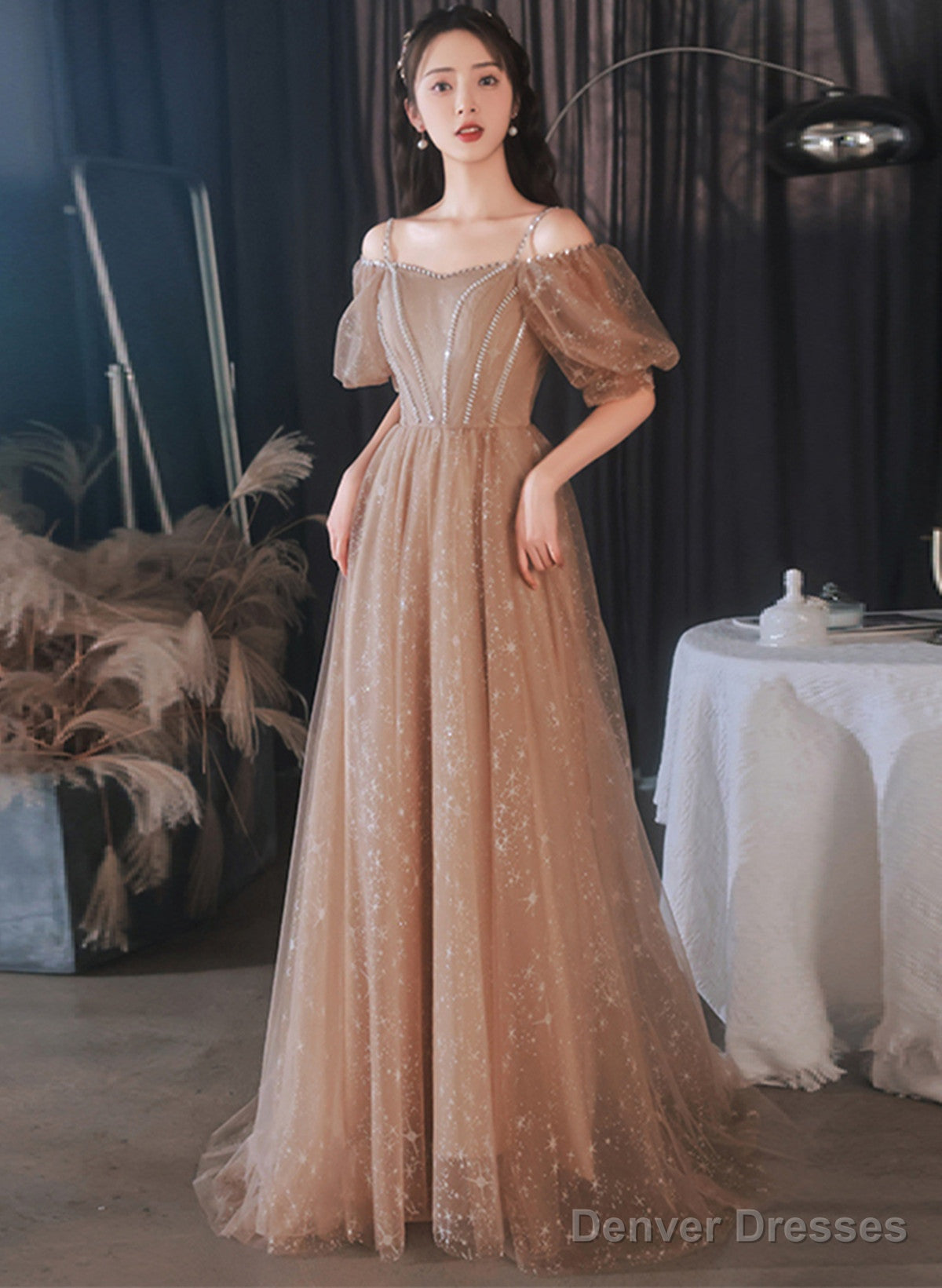 A-Line Champagne Tulle Off Shoulder Long Party Dress, Champagne Formal Dress Prom Dress Main image