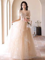 A-Line Champagne Tulle Sequin Long Prom Dress, Champagne Formal Dress