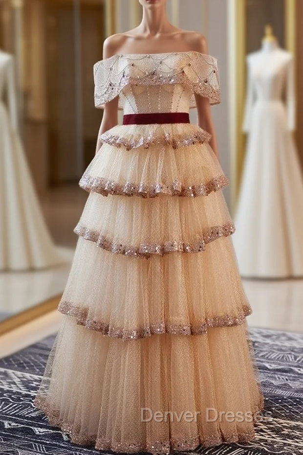A-Line Champagne Tulle Sequins Beading Off the Shoulder Prom Dress Main image