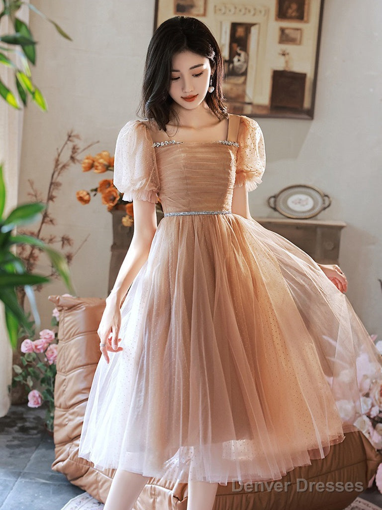 A-Line  Champagne Tulle Short Prom Dress, Champagne Homecoming Dress Main image