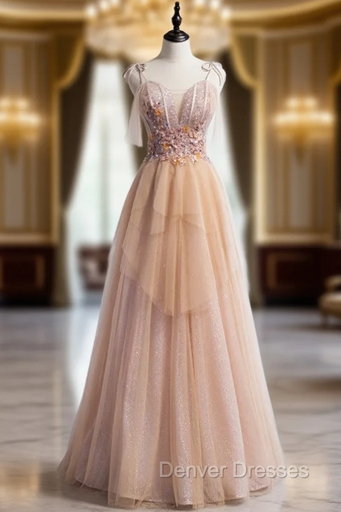 A-Line Champagne Tulle Spaghetti Straps Beading Prom Dress