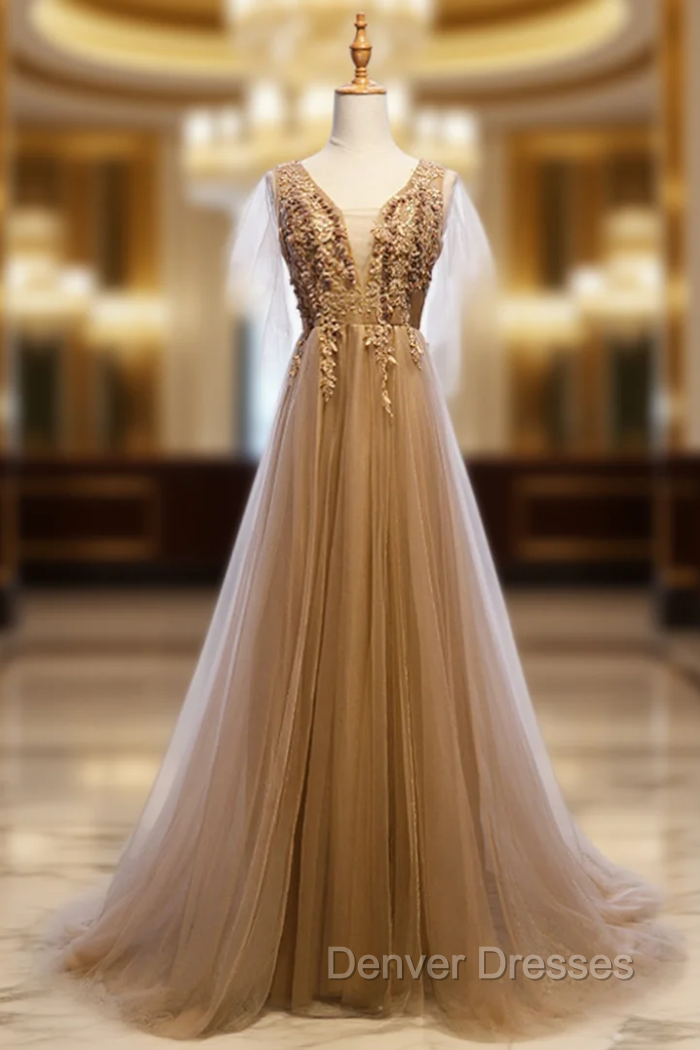 A-Line Champagne Tulle V-neck Backless Appliques Prom Dress Main image