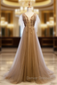 A-Line Champagne Tulle V-neck Backless Appliques Prom Dress