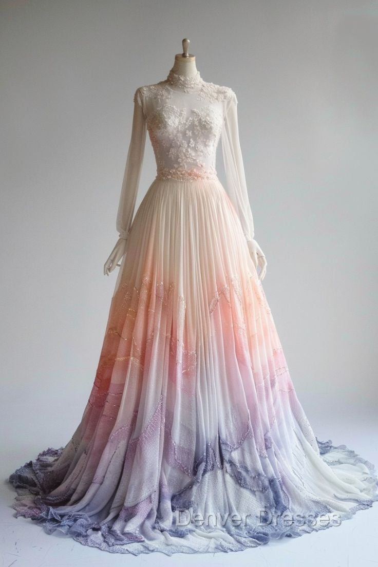 A-Line Chiffon Applique Long Sleeve Wedding Dress Round Neck Sequin Tulle Long Prom Dress Secondary image