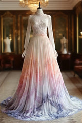 A-Line Chiffon Applique Long Sleeve Wedding Dress Round Neck Sequin Tulle Long Prom Dress