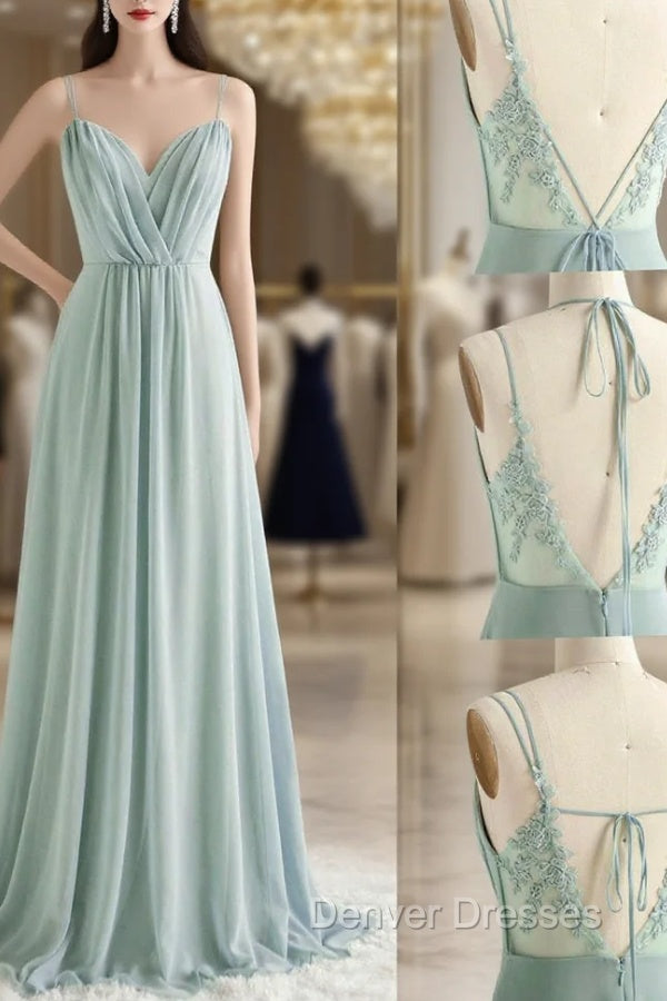 A-Line Chiffon Lace Long Prom Dress, Green Spaghetti Strap Backless Evening Dress Main image
