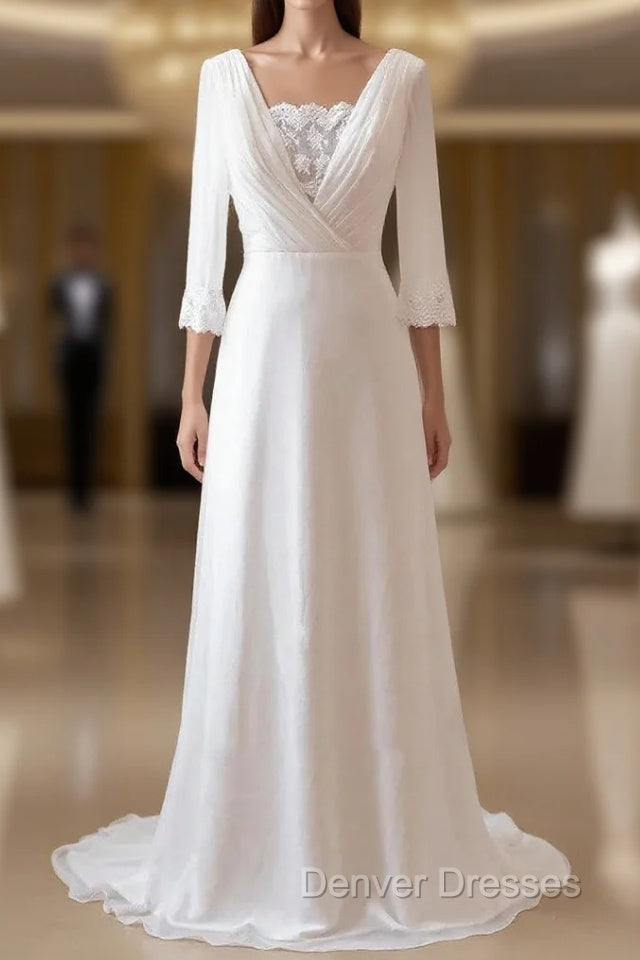 A-Line Chiffon Lace White  Satin Weddig Dress