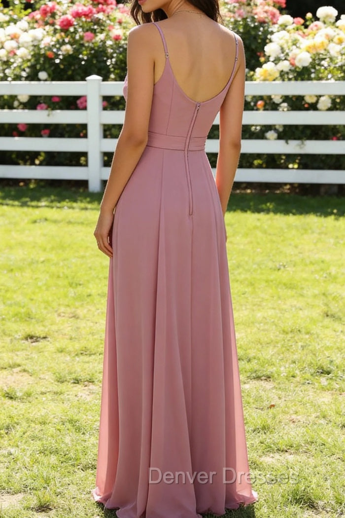 A Line Chiffon Prom Dresses Deep V Neck Bridesmaid Dress Long