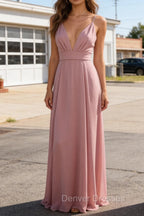 A Line Chiffon Prom Dresses Deep V Neck Bridesmaid Dress Long