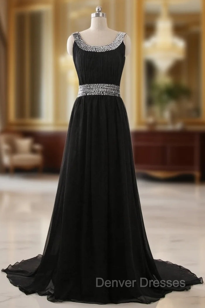 A Line Chiffon Scoop Neck Black Evening Dress Pleat Sequined Waist Main image