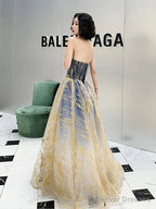 A-Line Color Block Sparkle Engagement Prom Dress Strapless Sleeveless Floor Length Sequined With Sequin