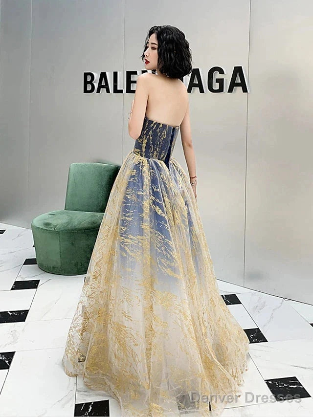 A-Line Color Block Sparkle Engagement Prom Dress Strapless Sleeveless Floor Length Sequined With Sequin