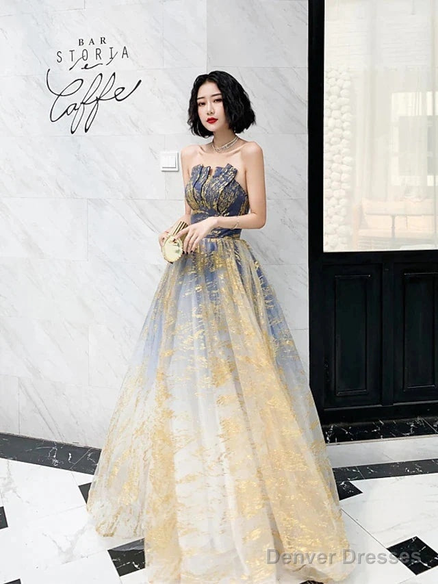 A-Line Color Block Sparkle Engagement Prom Dress Strapless Sleeveless Floor Length Sequined With Sequin