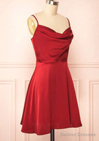 A-Line Cowl Neck Sleeveless Short/Mini Charmeuse Red Homecoming Dress With Pleated