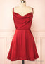 A-Line Cowl Neck Sleeveless Short/Mini Charmeuse Red Homecoming Dress With Pleated
