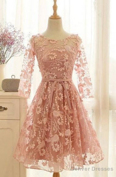 A-Line Crew Knee-Length 3/4 Sleeves Pink Lace Homecoming Dress Main image