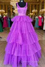 A-Line Crew Neck Lilac Tiered Tulle Long Formal Dress